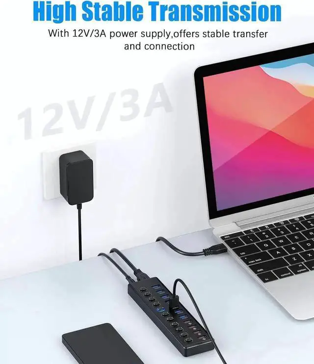 Alt view image 7 of 7 - Powered USB Hub 3.0, 11-Port USB 3.0 Hub Splitter (7 USB 3.0 Data Ports + 4 Smart Charging Port) with 12V/3A Power Adapter and LED Individual On/Off Switches for Laptop and PC