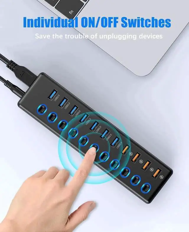 Alt view image 4 of 7 - Powered USB Hub 3.0, 11-Port USB 3.0 Hub Splitter (7 USB 3.0 Data Ports + 4 Smart Charging Port) with 12V/3A Power Adapter and LED Individual On/Off Switches for Laptop and PC