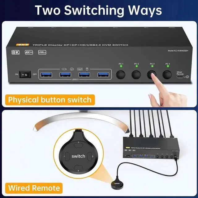Alt view image 3 of 7 - HDMI + 2 Displayport Triple Monitor KVM Switch 3 Monitors 4 PCs 8K@60Hz/4K@144Hz KVM Switches with 4 PCs Share 3 Display & 4 USB 3.0 Devices, Wired Remote, Power Adapter, USB3.0 Cables Included
