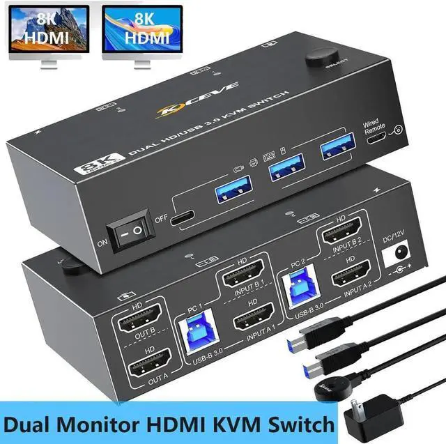 Main image of KVM Switch 2 Monitors 2 Computers, Dual Monitor KVM Switches HDMI Support 8K@60Hz 4K@120Hz, for 2 Pcs and 4 USB 3.0 Devices,Support Extended and Copy Mode, with Wired Remote and Power adapter