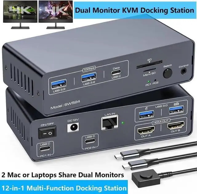 Main image of USB C Docking Station with KVM Switch 2 Monitors 2 Computers 4K@60Hz, HDMI EDID KVM Switches Dual Monitor for 2 Mac or Laptops Share a 1G Ethernet & 5 USB A/C Devices and SD/MicroSD Card Slots