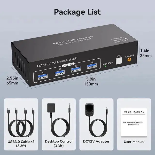 Alt view image 5 of 7 - 2x2 HDMI KVM Switch Dual Monitor 2 Computers Support 4K@60Hz, USB 3.0 KVM Switches Share Dual Monitors and 4 USB 3.0 Ports Support Extended/Copy Mode with DC 12V Adapter & Wired Controller