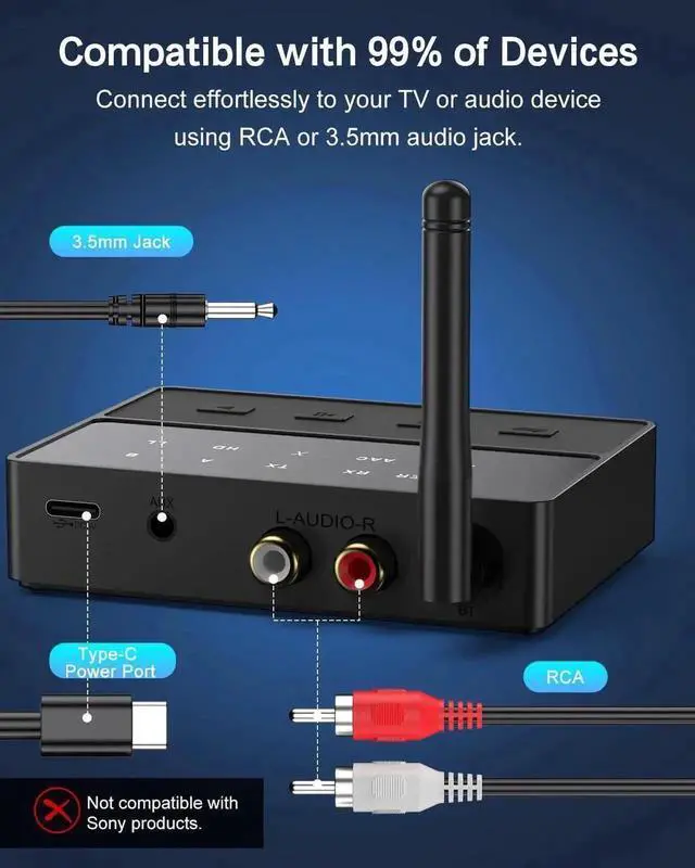 Alt view image 2 of 7 - Bluetooth 5.3 Transmitter for TV, aptX Low Latency HD Bluetooth Receiver for Home Stereo, Wireless Audio Adapter for 2 Headphones, AUX/RCA Bluetooth Adapter for Speaker Turntable Home Theater