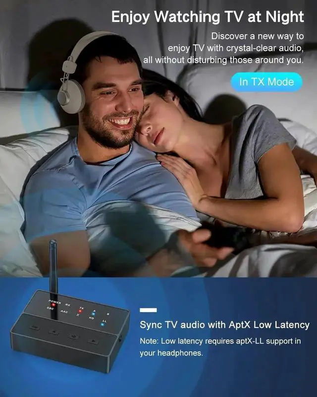 Alt view image 5 of 7 - Bluetooth 5.3 Transmitter for TV, aptX Low Latency HD Bluetooth Receiver for Home Stereo, Wireless Audio Adapter for 2 Headphones, AUX/RCA Bluetooth Adapter for Speaker Turntable Home Theater