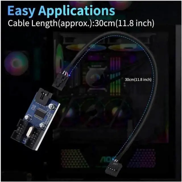 Alt view image 3 of 7 - 9 Pin 2 in 1 Internal USB Splitter Cable, 9 pin USB Header Male 1 to 2 Female Extension Connector Adapter, USB 2.0 HUB Connector Port Multiplier PWM Fan Splitter Cable (30cm/0.98ft)