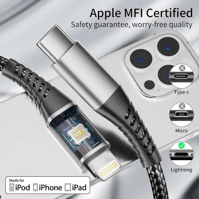 Alt view image 2 of 5 - 6 inch USB C to Lightning Cable Short 3-Pack Braided Type C iPhone Cable PD Fast Charging MFi Certified 0.5ft iPhone Charging Cable for Apple iPhone 14 13 12 11 Pro Max Xs Plus iPad Air Mini Black