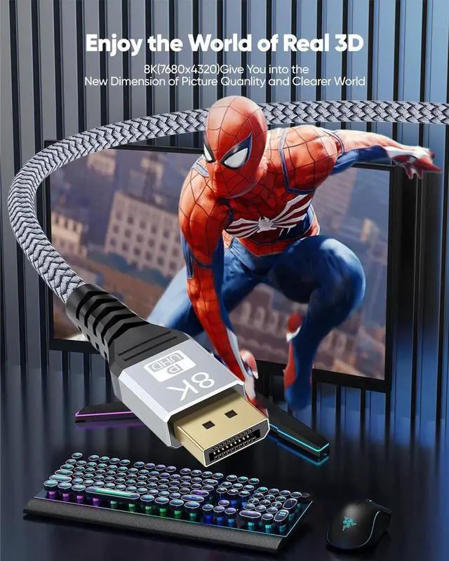 Alt view image 2 of 5 - 8K DisplayPort Cable 8FT DP Cable Display Port to Display Port 1.4 8 Feet (8K@60Hz 4K@144Hz 2K@240Hz 32.4Gbps Dynamic HDR 3D HDCP2.2) for Monitor Graphics Card PC Laptop