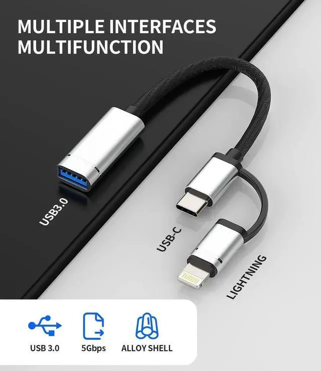 Alt view image 2 of 6 - OTG Cable Adapter(2in1) USB 3.0 Female to USB C Lightning Male Converter Type Thunderbolt Port Cord Dongle Camera Mouse Compatible for Samsung LG Apple iPhone 15 Pro Max iPad Air 14 13 11 12 X 8