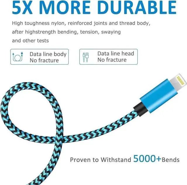 Alt view image 5 of 7 - Apple MFi Certified iPhone Charger 6Pack - 3/3/6/6/10/10 FT Lightning Cable Nylon Braided USB to Fast Charging Sync Cord Compatible iPhone 14/13/12/11 Pro Max/XS/XR/X/8/7/6 /iPad