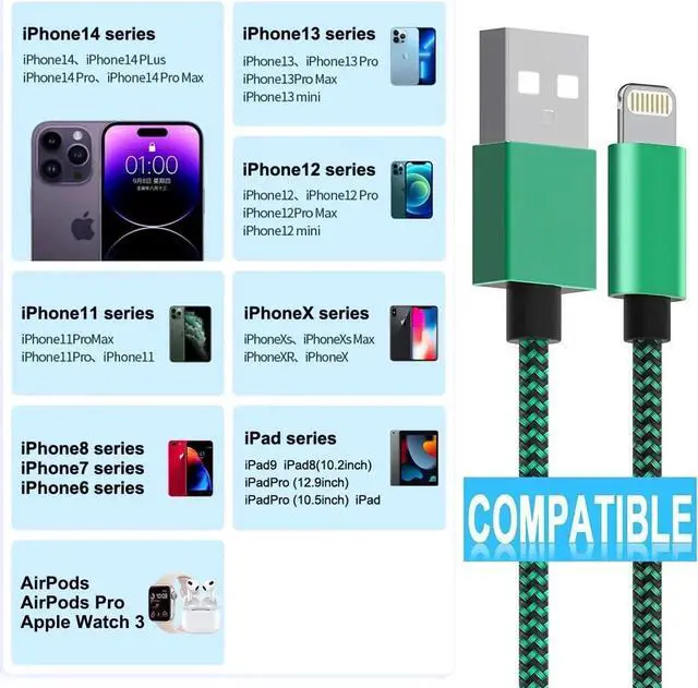 Alt view image 7 of 7 - Apple MFi Certified iPhone Charger 6Pack - 3/3/6/6/10/10 FT Lightning Cable Nylon Braided USB to Fast Charging Sync Cord Compatible iPhone 14/13/12/11 Pro Max/XS/XR/X/8/7/6 /iPad