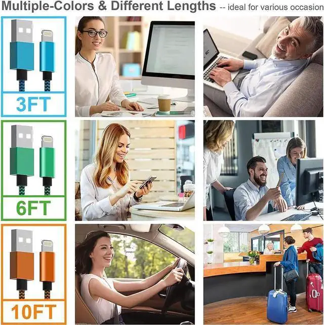 Alt view image 6 of 7 - Apple MFi Certified iPhone Charger 6Pack - 3/3/6/6/10/10 FT Lightning Cable Nylon Braided USB to Fast Charging Sync Cord Compatible iPhone 14/13/12/11 Pro Max/XS/XR/X/8/7/6 /iPad