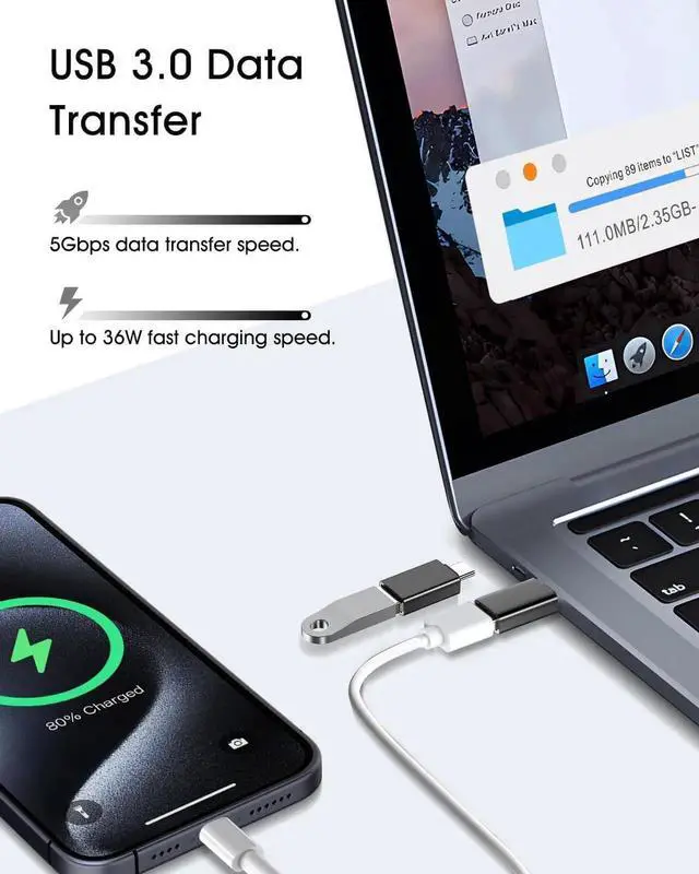 Alt view image 6 of 7 - USB C to USB Adapter 4 Pack [Side-by-Side Use] USB Type C Male to USB 3.0 Female OTG Converter Thunderbolt 4/3 to USB Adapter for iPhone 15 Pro Max Plus MacBook Pro Air Galaxy iPad Black