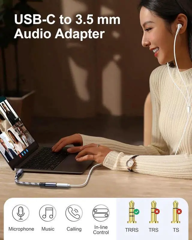 Alt view image 2 of 5 - USB C to 3.5mm Audio Adapter - USB C Headphone Adapter Compatible with iPhone 16/15 Pro Max/15 Pro/15 Galaxy S24/S23/S22/S21 Ultra iPad Pro Pixel 8