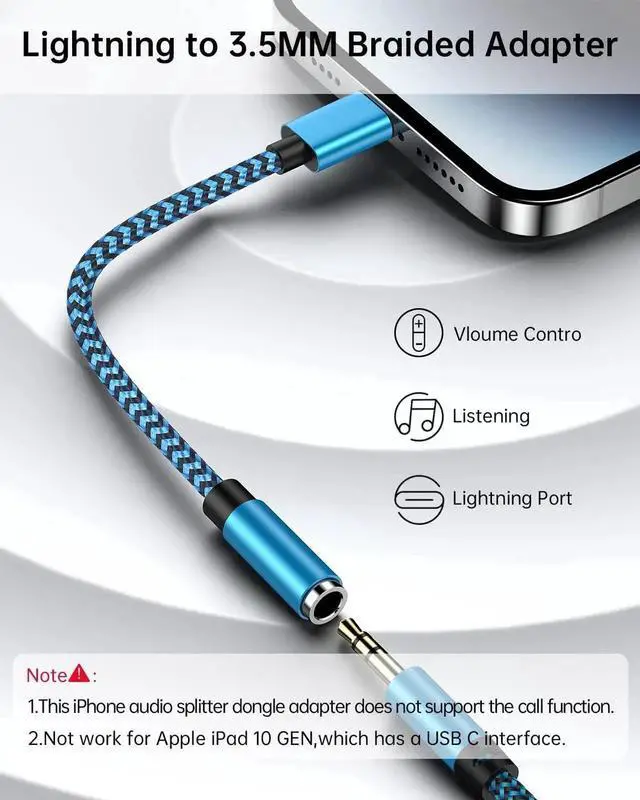 Alt view image 5 of 7 - iPhone Headphone Adapter 2Pack Dongle Lightning to 3.5mm Jack Converter Braided Audio Aux Cord Earbuds Splitter Adaptor Compatible with iPhone 14 13 12 11 Pro Max X XR XS SE 8 7 Plus iPad iPod