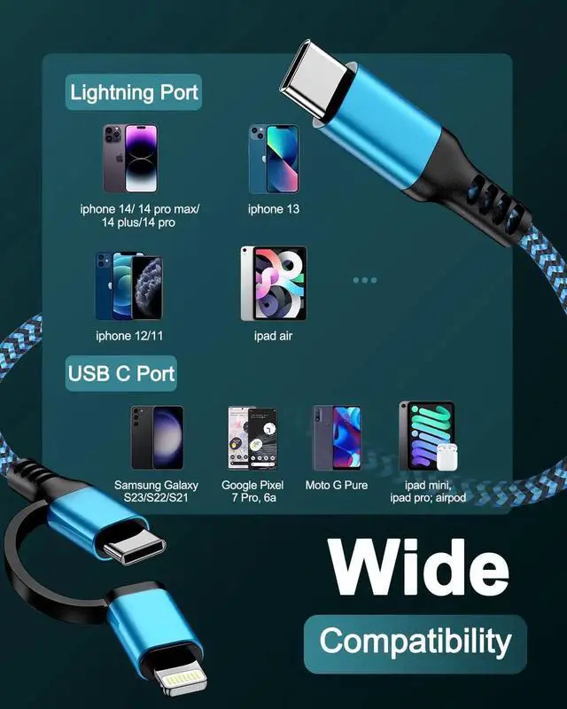 Alt view image 3 of 7 - USB C Multi Charging Cable USB-C to Lightning/Type C Cord Fast Charging Data Wire 2 in 1 [2Pcs/6FT] Braided Android & iPhone Cord USBC for iPhone 16 15 Pro Max 14 13 12 11 iPad Galaxy Pixel Moto