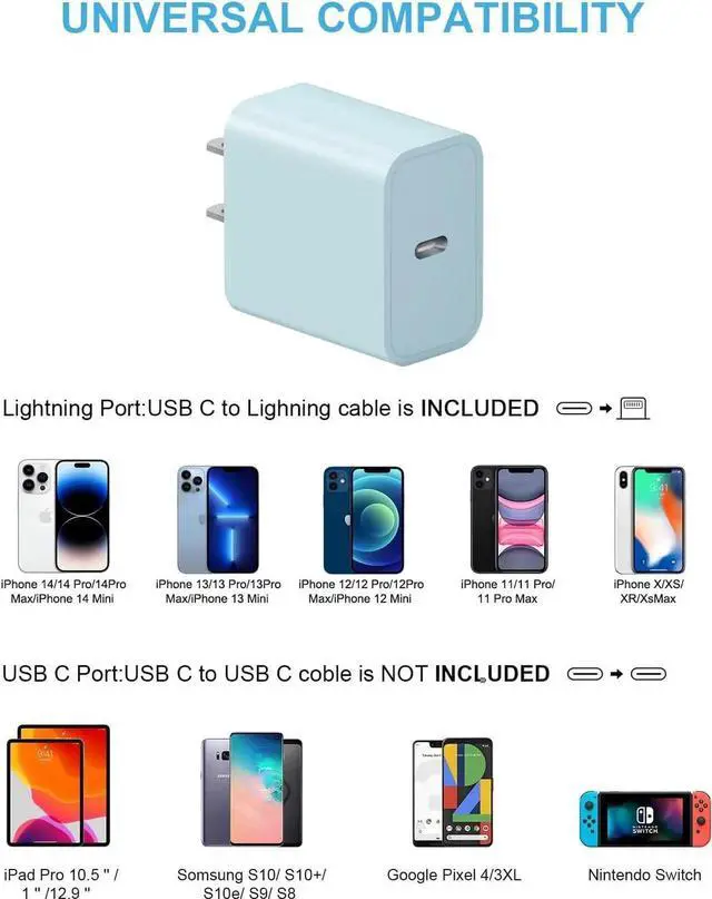 Alt view image 3 of 6 - iPhone 14 13 12 Fast Charger 20W PD USB C Wall Charger with 6FT Fast Charging Cable for iPhone 14/14 Pro/14 Pro Max/14 Plus/13/12/11/Pro/Pro Max/Mini/Xs Max/X iPad - Blue