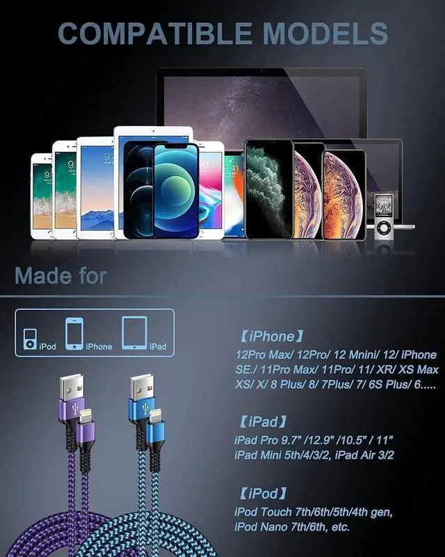 Alt view image 2 of 7 - USB A to Lightning Cord 2Pack/3Ft Nylon Braided iPhone Charger Cable Approved Fast Charging Power Wire for iPhone 14 14 Pro Max 13 Pro Max 13Pro 13 13 Mini 12 11 10 XR XS X 8 Plus 7 6 6s