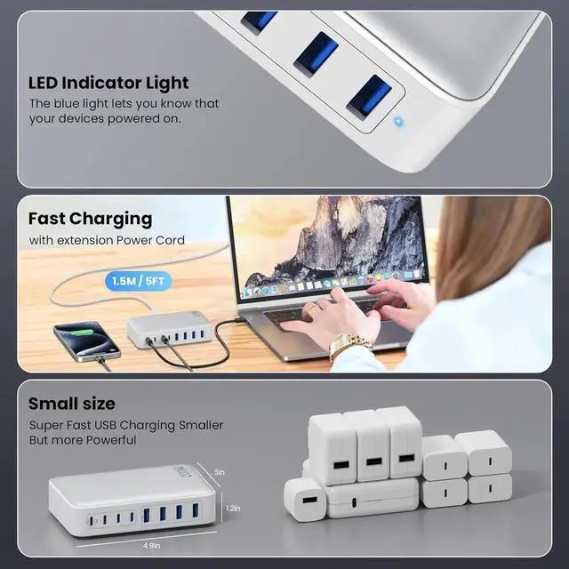 Alt view image 5 of 6 - USB C Charger 200W USB C Charger Block Upgraded GaN III 8-Port Fast Charging Station Hub PD 65W Laptop Charger Adapter Compatible with MacBook Pro/Air Steam Deck iPhone 16/15/14 Galaxy S23/22 etc