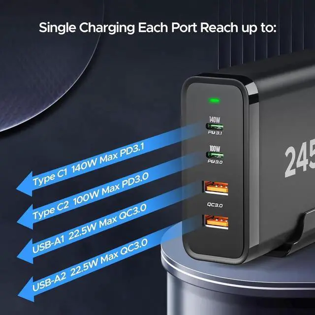 Alt view image 5 of 6 - 245W GaN USB C Charger 140W 100W PD 3.1 Charger for MacBook Pro 16-inch 4-Port Laptop/Tablet Fast Charging Adapter for MacBook Pro/Air XPS iPad Pro/Air iPhone 15/14/13 Series etc.