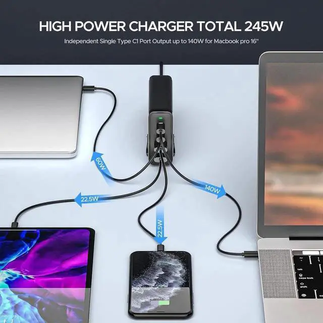 Alt view image 4 of 6 - 245W GaN USB C Charger 140W 100W PD 3.1 Charger for MacBook Pro 16-inch 4-Port Laptop/Tablet Fast Charging Adapter for MacBook Pro/Air XPS iPad Pro/Air iPhone 15/14/13 Series etc.