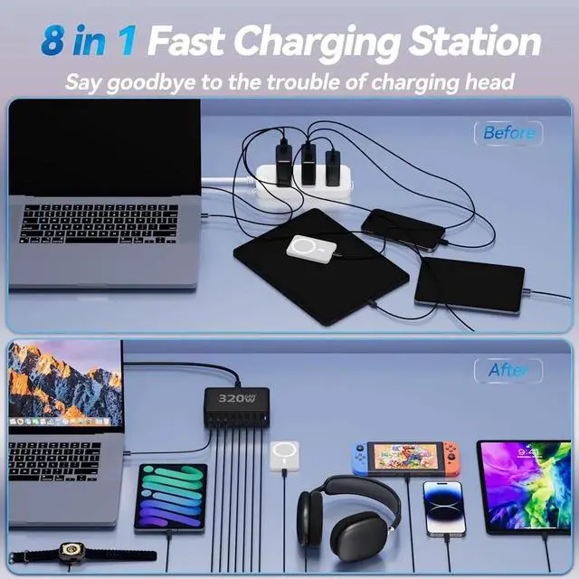 Alt view image 5 of 6 - USB C Charger Block 320W 8 Port GaN Fast Charging Station Hub 100W PD Laptop Charger with 5ft Cord for MacBook Pro/Air XPS iPhone 15/14 Galaxy S23 iPad Pro/Air