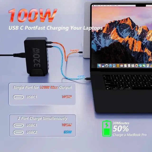 Alt view image 4 of 6 - USB C Charger Block 320W 8 Port GaN Fast Charging Station Hub 100W PD Laptop Charger with 5ft Cord for MacBook Pro/Air XPS iPhone 15/14 Galaxy S23 iPad Pro/Air