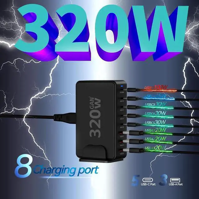 Alt view image 6 of 6 - USB C Charger Block 320W 8 Port GaN Fast Charging Station Hub 100W PD Laptop Charger with 5ft Cord for MacBook Pro/Air XPS iPhone 15/14 Galaxy S23 iPad Pro/Air