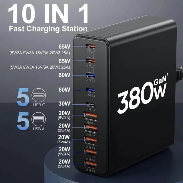 Alt view image 3 of 4 - 380W USB C Charger 10-Port USB C Charging Station GaN III Fast Charging Station Hub Laptop Adapter for MacBook Pro/Air iPad iPhone XPS Galaxy (Black)
