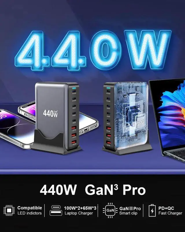 Alt view image 4 of 5 - 440W Fast USB C Charger GAN Charger Block 8 Port Charging Station HUB Brick Dual PD PPS 100W Wall Charger Compatible with MacBook Pro/Air/All iPad iPhone 16/15/14/13/Pro Max