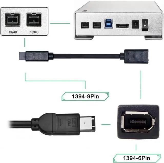 Alt view image 6 of 7 - IEEE 1394 6Pin Female to 1394b 9Pin Male Firewire 400 to 800 Cable 20cm Firewire 800 400 Cable 6 Feet 9 Pin to 6 Pin