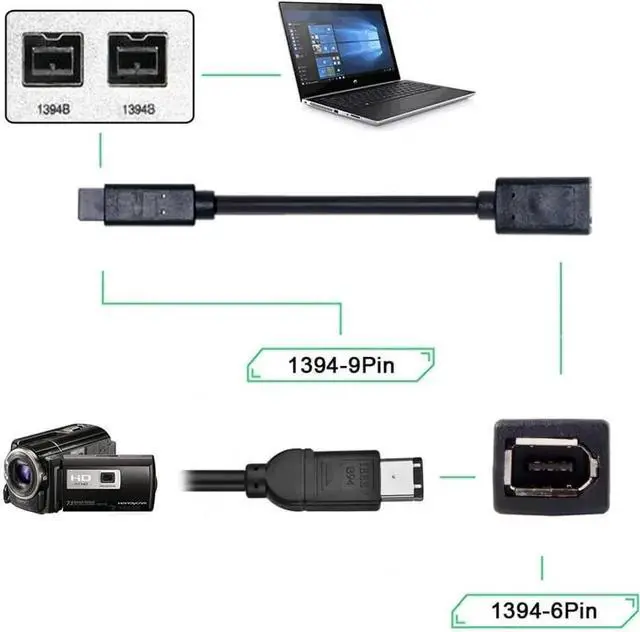 Alt view image 5 of 7 - IEEE 1394 6Pin Female to 1394b 9Pin Male Firewire 400 to 800 Cable 20cm Firewire 800 400 Cable 6 Feet 9 Pin to 6 Pin