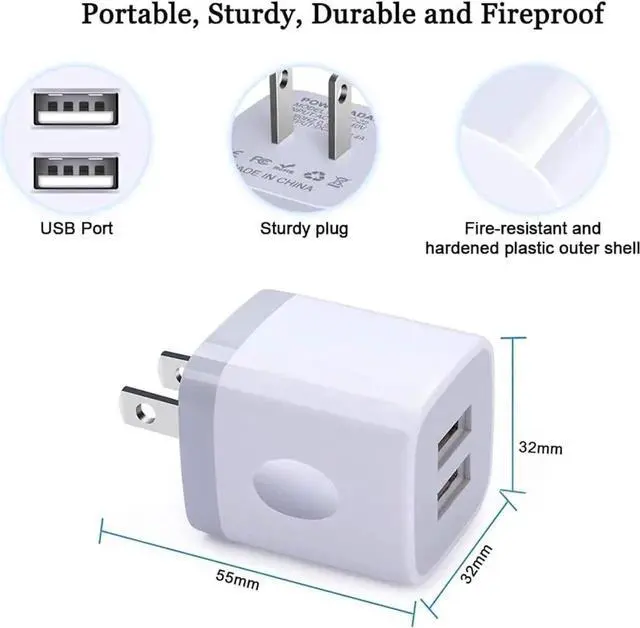 Alt view image 6 of 6 - USB Wall Charger 2Pack Dual Port 2.1Amp Fast Brick Base Adapter Charging Block Charger Cube Plug Charger Box for iPhone 16 Pro Max 15 14 13 12 11 Pro X 6 6S 7 8 Plus iPad Android