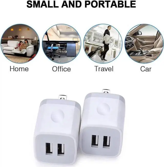 Alt view image 3 of 6 - USB Wall Charger 2Pack Dual Port 2.1Amp Fast Brick Base Adapter Charging Block Charger Cube Plug Charger Box for iPhone 16 Pro Max 15 14 13 12 11 Pro X 6 6S 7 8 Plus iPad Android