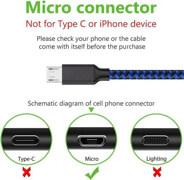 Alt view image 2 of 7 - Micro USB Cable, 3Pack 6FT Android Charger Cord Long Braided Sync Fast Charging Cables Compatible with Samsung Galaxy S6 S7 Edge, Android Phone -Blue