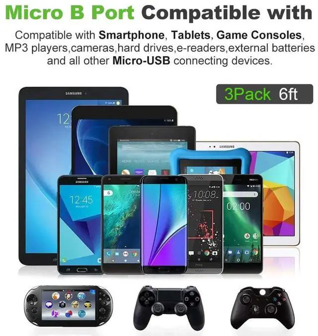 Alt view image 3 of 7 - Micro USB Cable, 3Pack 6FT Android Charger Cord Long Braided Sync Fast Charging Cables Compatible with Samsung Galaxy S6 S7 Edge, Android Phone -Blue