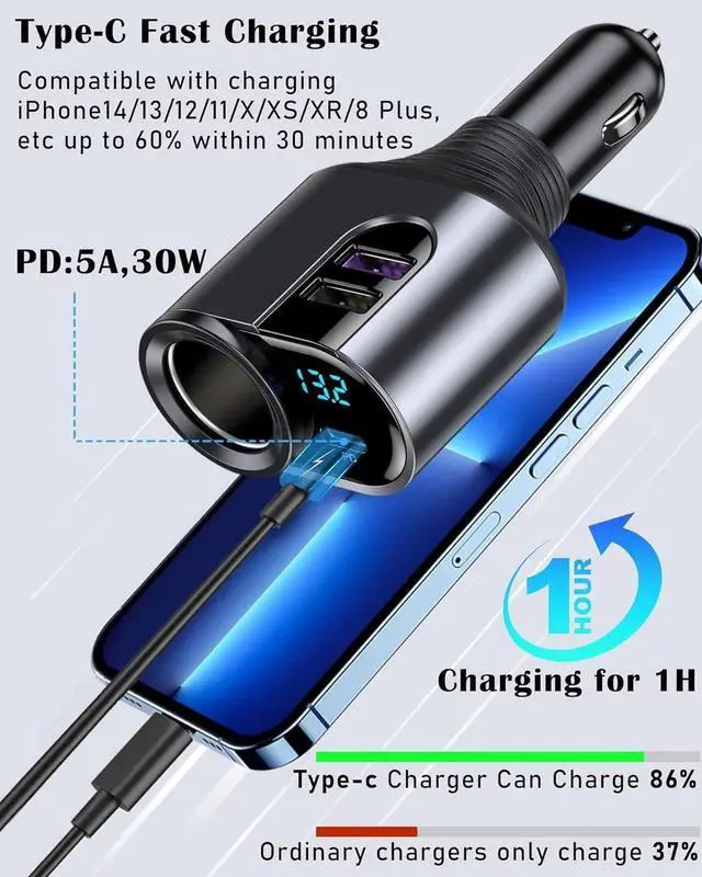 Alt view image 4 of 5 - USB C Car Charger Cigarette Lighter Adapter 12V/24V Socket Splitter with 3 USB Ports Type C PD Fast Car Charger Compatible for iPhone Galaxy iPad GPS