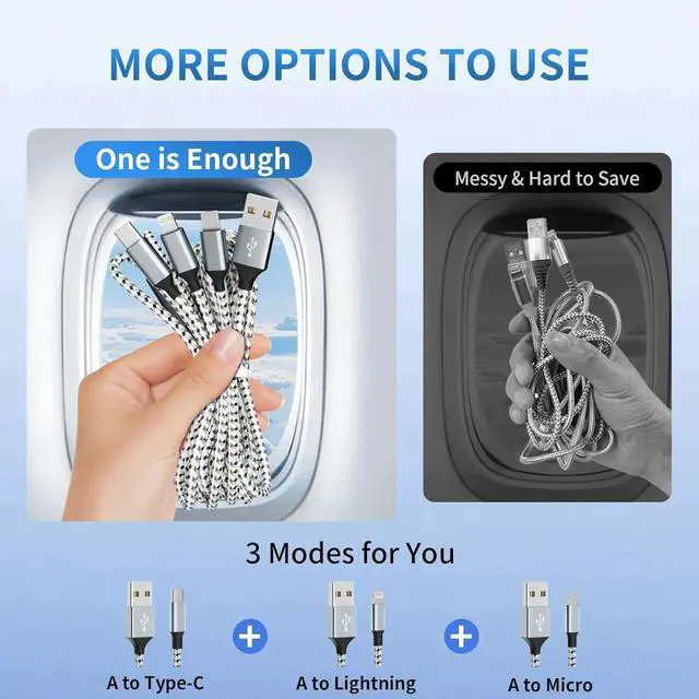 Alt view image 3 of 6 - Multi Charging Cable (2 Pack 4FT) Multi USB Charger 3 in 1 Charging Cable Nylon Braided Fast Charging Cord with Type-C Micro USB IP Port for Most Phones/iPhones/Tablets