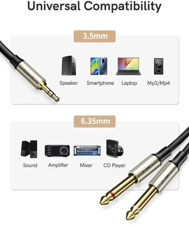 Alt view image 3 of 6 - 3.5mm 1/8 TRS to Dual 6.35mm 1/4 TS Mono Audio Y Splitter Adapter Stereo Aux Cable for iPhone iPod Laptop Amplifier CD Players Home Stereo Systems