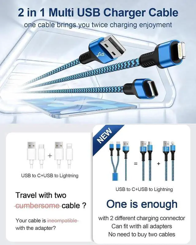 Alt view image 2 of 6 - Multi USB Charging Cable USB to USB C and Lightning Cable 4ft Braided 2 in 1 Fast USB Cable with Type C/Lighting Port for iPhone 15 Pro Max 14 13 12 XR Google iPad Multiple Phone Charger Cord
