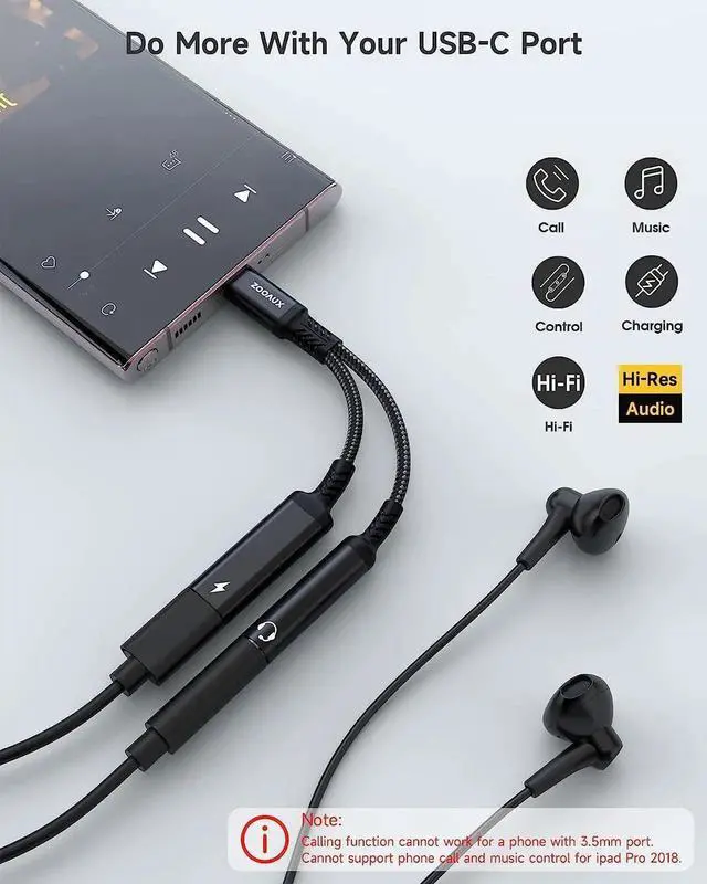 Alt view image 3 of 5 - USB C to 3.5mm Headphone and Charger Adapter 2 in 1 USB C to Aux Audio Jack with PD 60W Fast Charging Dongle Cable Cord for Galaxy S23/S22/S21/S20 Ultra iPad Pro Pixel(Black)