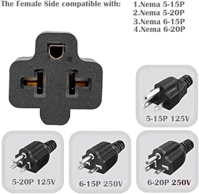Alt view image 3 of 4 - Angled Heavy Duty [4-in-1] 12AWG 15A/125V Household AC Plug to 20 Amp T Blade Adapter Cable,5-15P to 5-20R,5-15P to 6-15R,5-15P to 6-20R, Indoor/Outdoor Adapter