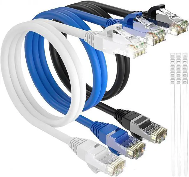 Alt view image 2 of 6 - Cat 6 Ethernet Cable 4 Ft-3 Pack,High Speed Short Patch Cables Internet Cables, Soft Flexible Cat6 RJ45 LAN Network Cable Cord Faster Than Cat 5e 5 Cable+15 Ties-Black+White+Blue