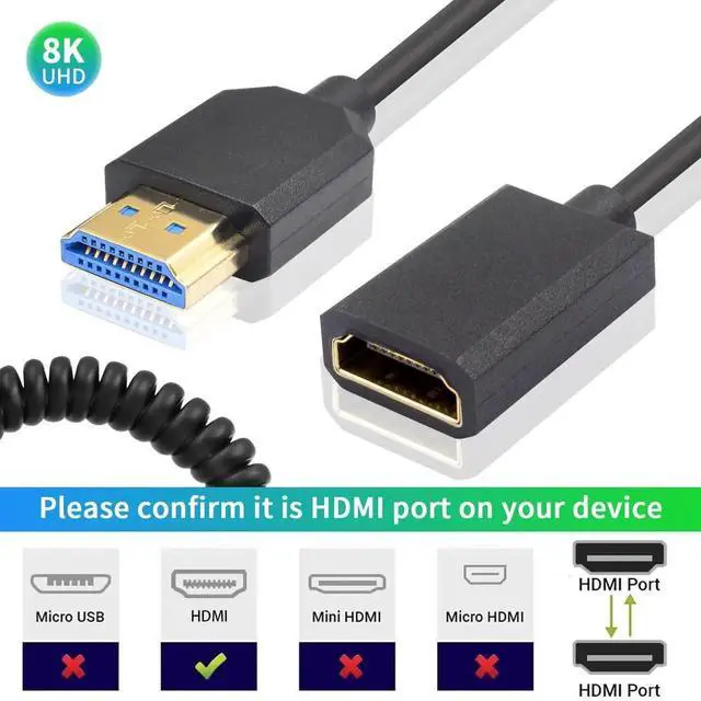 Alt view image 3 of 7 - 8K Coiled HDMI Extension Cable, Extreme Thin HDMI Male to Female Coiled Cable 48Gbps Ultra High Short HDMI Cable 8K@60Hz Resolution Backward Compatible for 4K Ultra HD, 1080p 4FT/1.2M