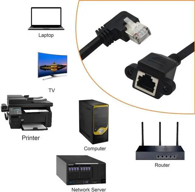 Alt view image 6 of 7 - Panel Mount RJ45,RJ45 Male to Female 90 Degree Screw Panel Mount CAT6, CAT5e, CAT5 Shielded Network LAN Extender Cord Connector (Angled Right) 60CM