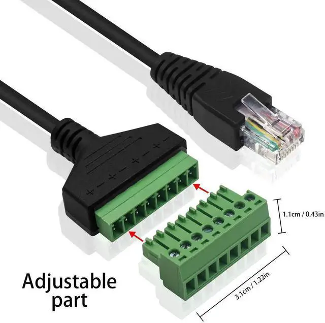 Alt view image 5 of 6 - RJ45 Screw Terminal Adapter, RJ45 Male to 8 Pin Screw Terminal Connector, Ethernet Extender Network Adapter 8P8C Breakout Board Cable for Cat5 /6/7 AV CCTV, 12inch