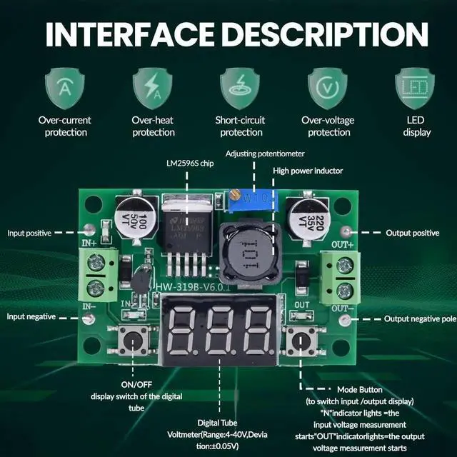 Alt view image 6 of 7 - LM2596 DC-DC Buck Converter Voltage Regulator Adjustable 4.0-40V to 1.25-37V 2A Power Supply Module with LED Voltmeter Display