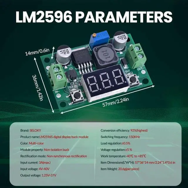 Alt view image 5 of 7 - LM2596 DC-DC Buck Converter Voltage Regulator Adjustable 4.0-40V to 1.25-37V 2A Power Supply Module with LED Voltmeter Display