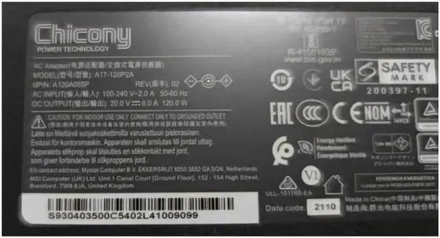 Alt view image 2 of 2 - 20V 6A 120W 4.5x3.0mm Chicony A17-120P2A A12A055P THIN Power Supply AC Adapter For MSI CF63 MS-16R5 Laptop Charger