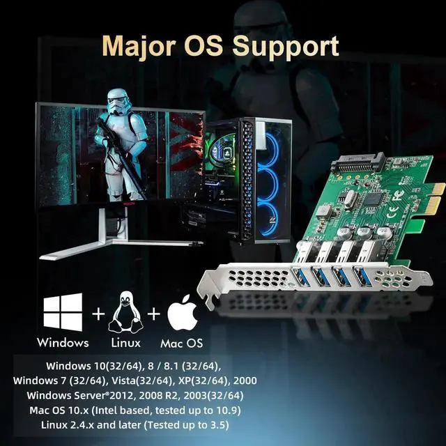Alt view image 3 of 7 - PCIE to 4 Ports USB 3.0 Expansion Card, Self-Powered, Low Profile Bracket, USB3 Hub Controller Adapter for Windows 10/11