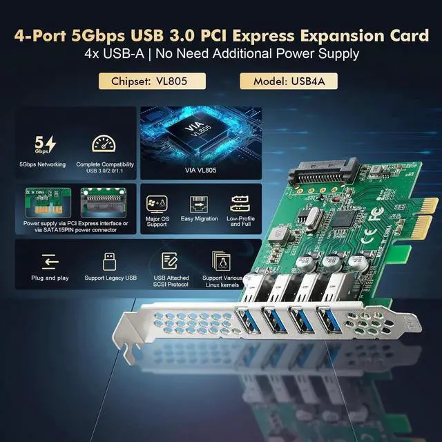Alt view image 6 of 7 - PCIE to 4 Ports USB 3.0 Expansion Card, Self-Powered, Low Profile Bracket, USB3 Hub Controller Adapter for Windows 10/11